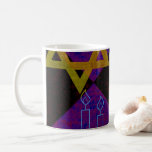 SlipperyJoe's Hanukkah-themed image golden yellow  Coffee Mug<br><div class="desc">SlipperyJoe's Hanukkah-themed image golden yellow Star of David blue candles with orange flames Menorah-inspired art gift idea Jewish identity spirituality holiday retro bold symmetrical pattern diamond-shaped grid background blends tradition and vibrant design purple black chequerboard effect Hebrew religious celebration</div>