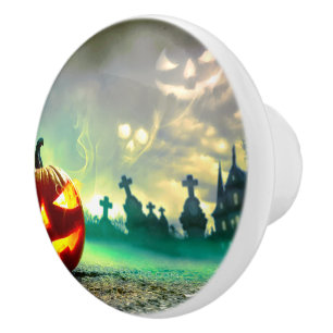 SlipperyJoe's Happy Halloween cemetery graveyard c Ceramic Knob