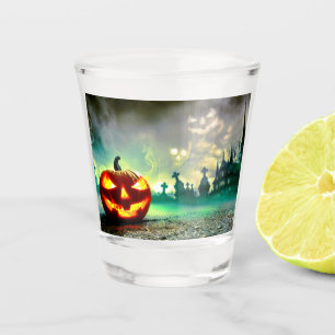SlipperyJoe's Happy Halloween cemetery graveyard c Shot Glass