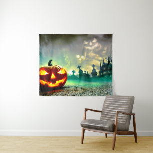 SlipperyJoe's Happy Halloween cemetery graveyard c Tapestry