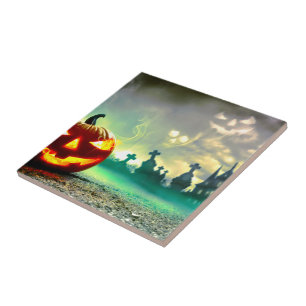 SlipperyJoe's Happy Halloween cemetery graveyard c Tile