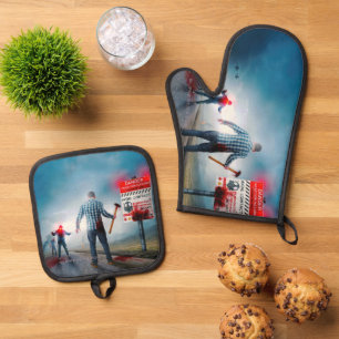SlipperyJoe's happy Halloween glowing eyes zombies Oven Mitt & Pot Holder Set
