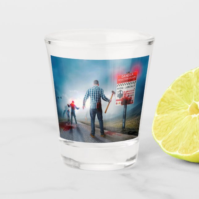 SlipperyJoe's happy Halloween glowing eyes zombies Shot Glass (Front)