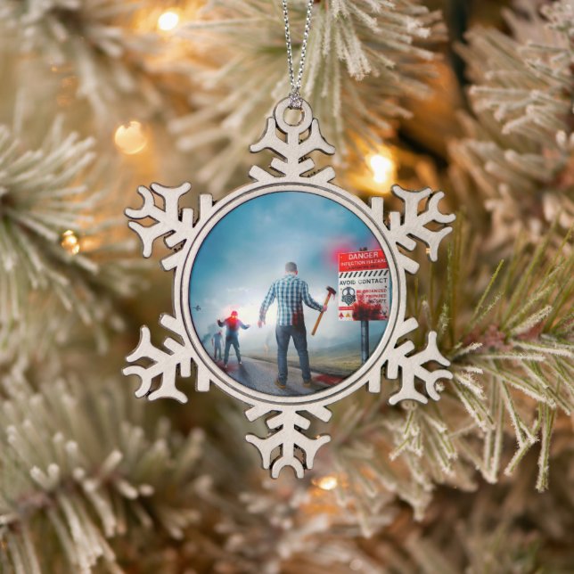 SlipperyJoe's happy Halloween glowing eyes zombies Snowflake Pewter Christmas Ornament (Tree)