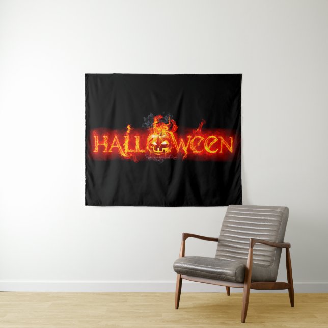 SlipperyJoe's Happy Halloween pumpkin glowing eyes Tapestry (In Situ (Horizontal))