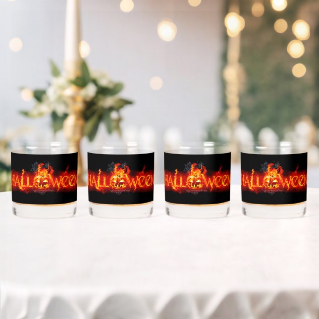 SlipperyJoe's Happy Halloween pumpkin glowing eyes Whiskey Glass (Insitu (Wedding))