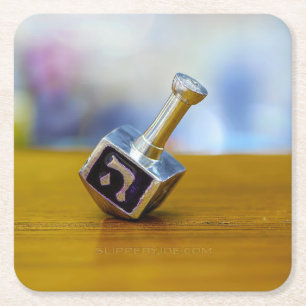 SlipperyJoe's Happy Hanukkah four-sided spinning t Square Paper Coaster