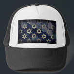SlipperyJoe's Happy Hanukkah multiple Star of Davi Trucker Hat<br><div class="desc">SlipperyJoe's Happy Hanukkah multiple Star of David symbols artistic Celebration Jewish Hebrew Chanukah gifts decorations Judaism religion significant symbol relevant cultural religious contexts various hexagonal shapes dark blue purple hues dark abstract background layered textured appearance</div>