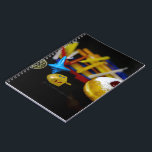 SlipperyJoe's Happy Hanukkah Star of David coin me Notebook<br><div class="desc">SlipperyJoe's Happy Hanukkah Star of David coin menorah colourful candles Celebration Jewish sufganiyah treat Hebrew Chanukah dreidels traditional spinning tops gifts decorations Judaism religion artistic jelly-filled doughnut powdered sugar</div>