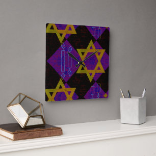 SlipperyJoe's Happy Hanukkah Star of David menorah Square Wall Clock