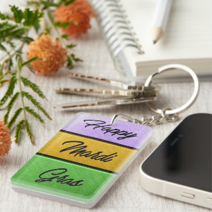 SlipperyJoe's Happy Mardi Gras purple gold green b Key Ring