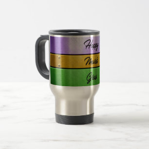 SlipperyJoe's Happy Mardi Gras purple gold green b Travel Mug