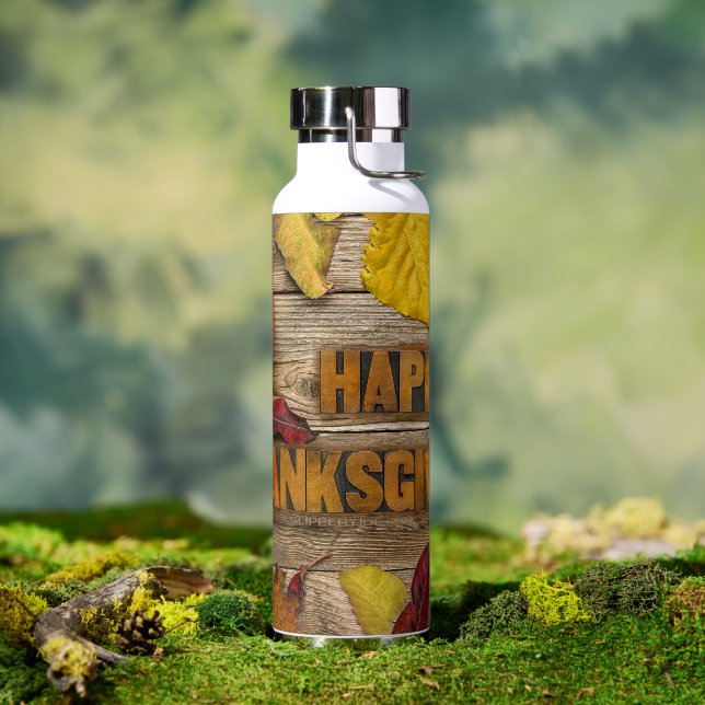 SlipperyJoe's Happy Thanksgiving pumpkin dried lea Water Bottle (Outdoor)