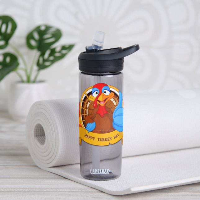 SlipperyJoe's Happy Turkey Day autumn leaves turke Water Bottle (Yoga)