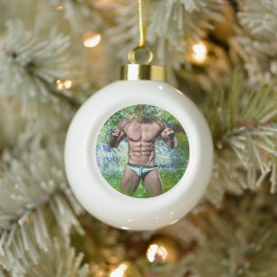 SlipperyJoe's highly muscular adult man shirtless  Ceramic Ball Christmas Ornament