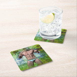SlipperyJoe's highly muscular adult man shirtless Square Paper Coaster