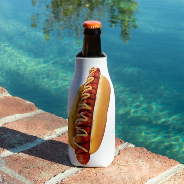 SlipperyJoe's hot dog nestled soft bun vibrant yel Bottle Cooler (In Situ Pool)