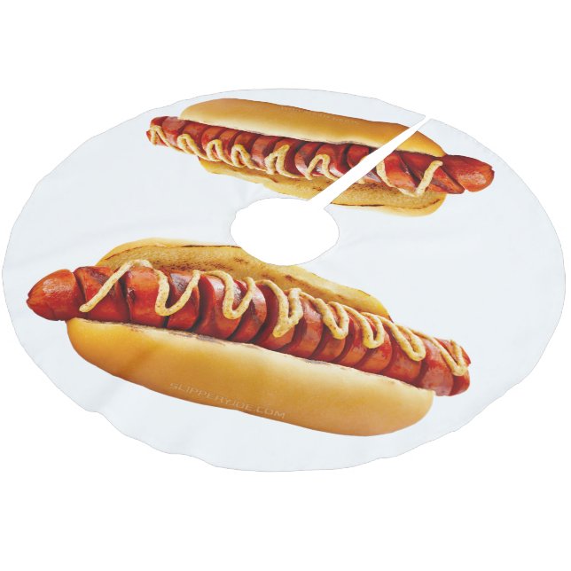 SlipperyJoe's hot dog nestled soft bun vibrant yel Brushed Polyester Tree Skirt (Angled)