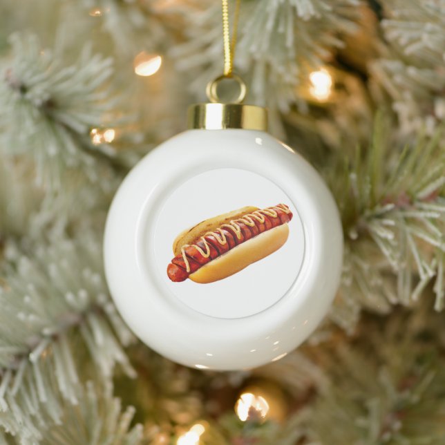 SlipperyJoe's hot dog nestled soft bun vibrant yel Ceramic Ball Christmas Ornament (Tree)