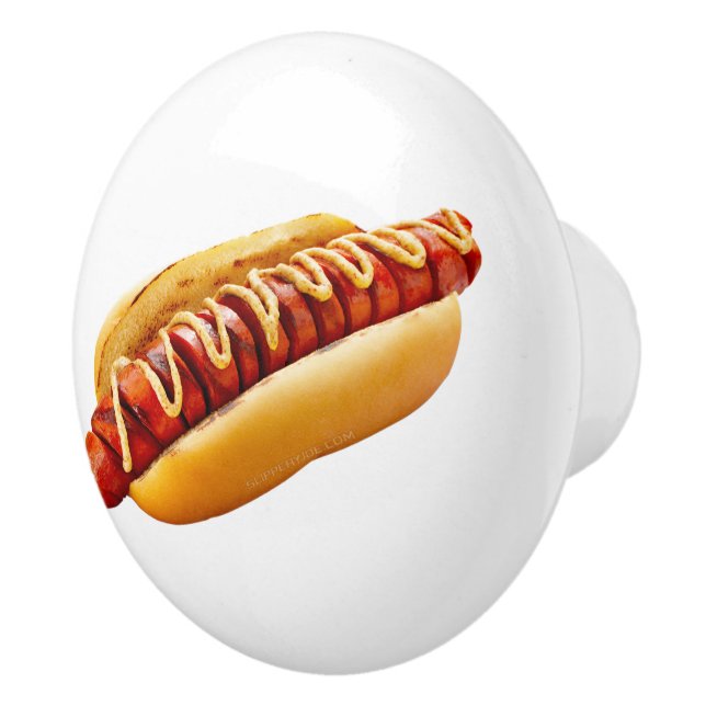 SlipperyJoe's hot dog nestled soft bun vibrant yel Ceramic Knob (Right)
