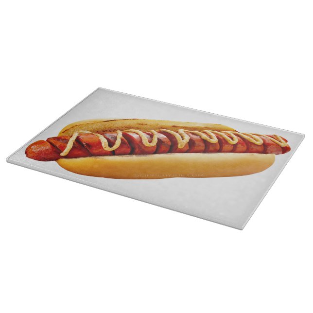SlipperyJoe's hot dog nestled soft bun vibrant yel Cutting Board (Corner)