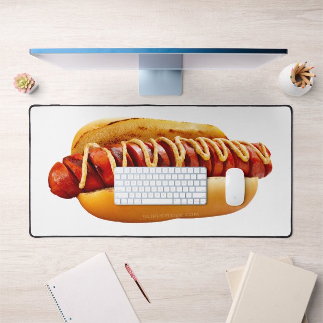 SlipperyJoe's hot dog nestled soft bun vibrant yel Desk Mat (Office 1)