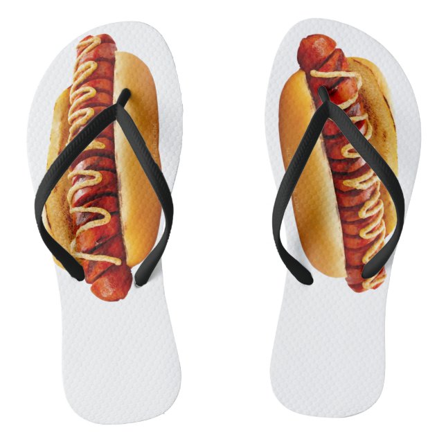SlipperyJoe's hot dog nestled soft bun vibrant yel Flip Flops (Footbed)