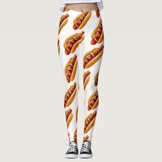 SlipperyJoe's hot dog nestled soft bun vibrant yel Leggings (Front)