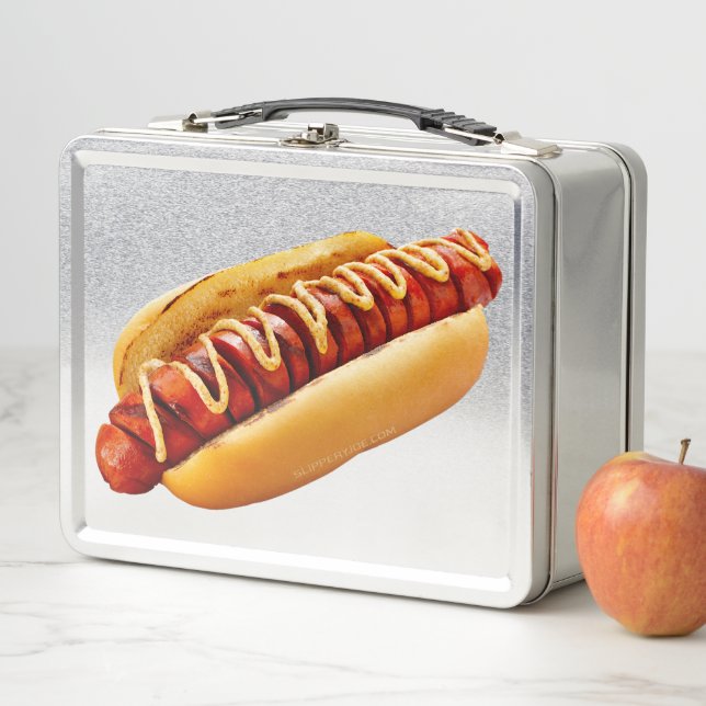SlipperyJoe's hot dog nestled soft bun vibrant yel Metal Lunch Box (In Situ)