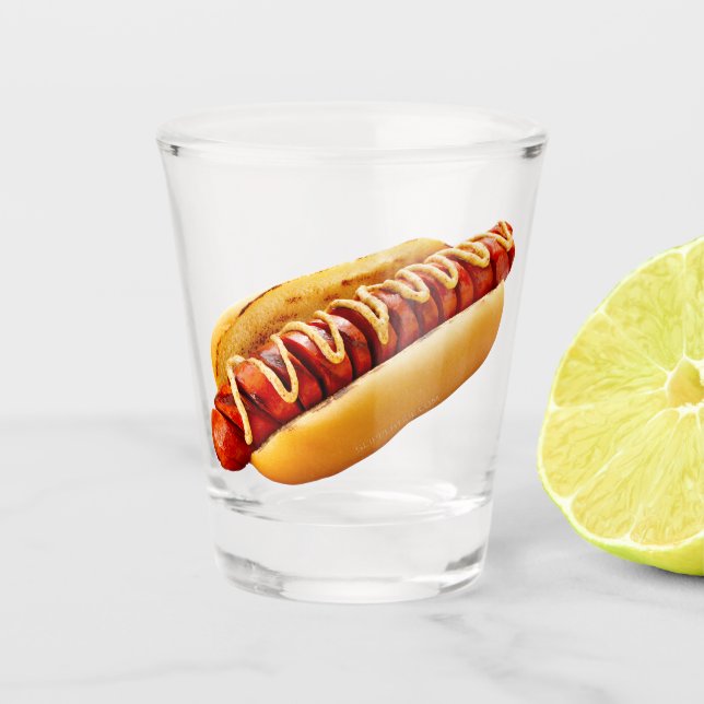 SlipperyJoe's hot dog nestled soft bun vibrant yel Shot Glass (Front)