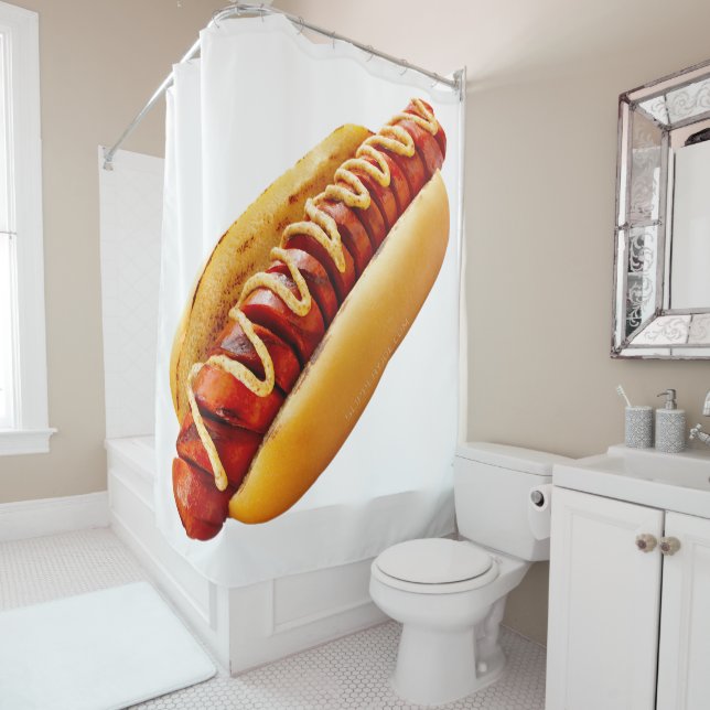 SlipperyJoe's hot dog nestled soft bun vibrant yel Shower Curtain (In Situ)