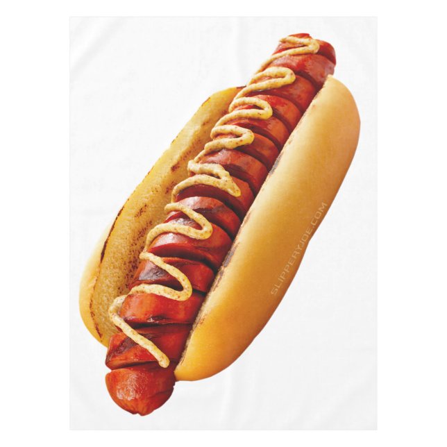 SlipperyJoe's hot dog nestled soft bun vibrant yel Tablecloth (Front)