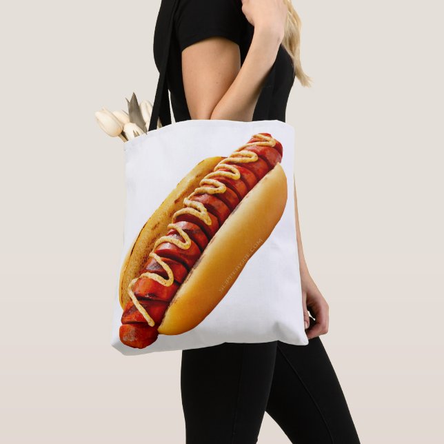 SlipperyJoe's hot dog nestled soft bun vibrant yel Tote Bag (Close Up)
