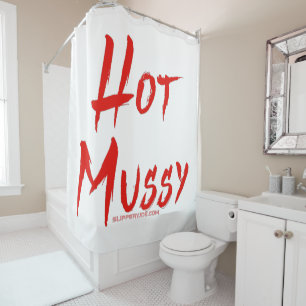SlipperyJoe's hot mussy bold vivid red text brushs Shower Curtain