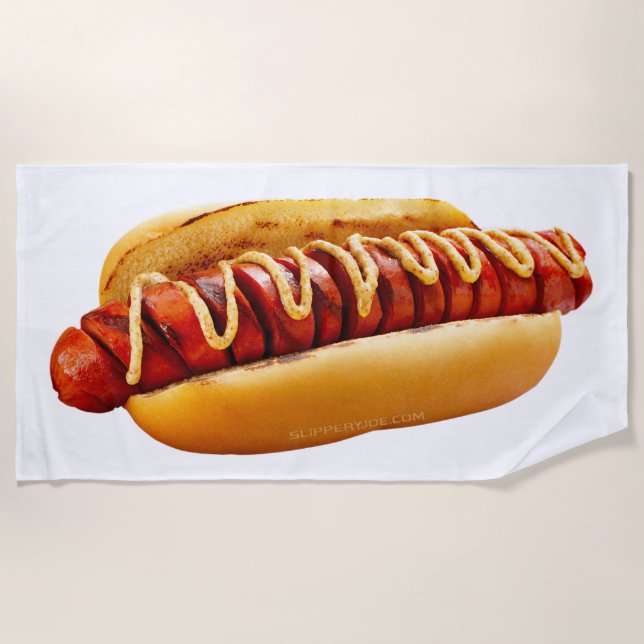 SlipperyJoe's Hotdog mustard sliced meat bun grill Beach Towel (Front)