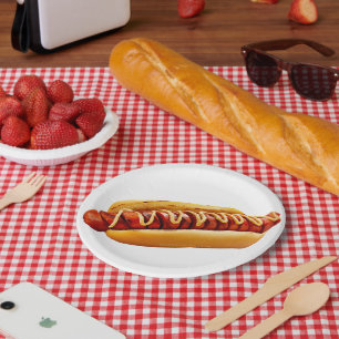 SlipperyJoe's Hotdog mustard sliced meat bun grill Paper Plate