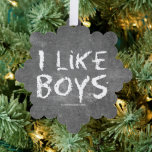 SlipperyJoe's I Like Boys dirty chalkboard dark te Tree Decoration Card<br><div class="desc">SlipperyJoe's I Like Boys dirty chalkboard dark textured background bold distressed white lettering stark gritty aesthetic dust residue dull greyish haze distracting smudges erasing leaving streaks LGBTQIA gay pride gifts artistic raw expressive rebellious feel cheeky straightforward honesty</div>