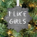SlipperyJoe's I Like Girls dirty chalkboard dark t Tree Decoration Card<br><div class="desc">SlipperyJoe's I Like Girls dirty chalkboard dark textured background bold distressed white lettering stark gritty aesthetic dust residue dull greyish haze distracting smudges erasing leaving streaks LGBTQIA gay pride gifts artistic raw expressive rebellious feel cheeky straightforward honesty</div>