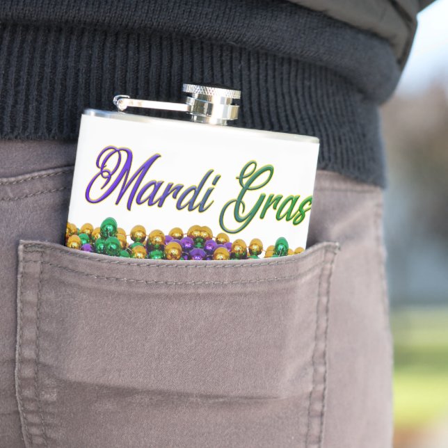 SlipperyJoe's iconic Mardi Gras–themed image elega Hip Flask (In Situ)