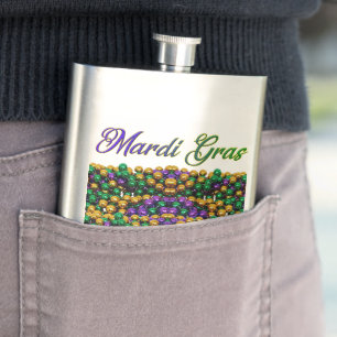 SlipperyJoe's iconic Mardi Gras–themed image elega Hip Flask