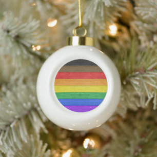 SlipperyJoe's Inclusive gay pride flag textured ru Ceramic Ball Christmas Ornament