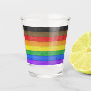 SlipperyJoe's inclusive gay pride flag wooden blac Shot Glass