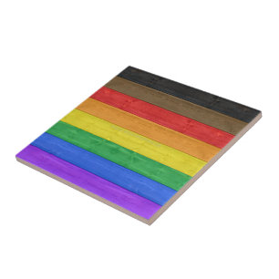 SlipperyJoe's inclusive gay pride flag wooden blac Tile
