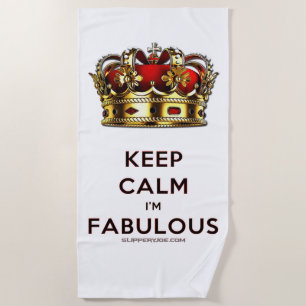 SlipperyJoe's keep calm fabulous golden crown red Beach Towel
