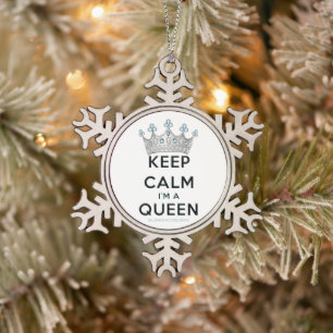 SlipperyJoe's keep calm queen polished silver crow Snowflake Pewter Christmas Ornament