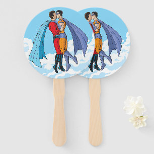SlipperyJoe's kissing superheroes flying gay coupl Hand Fan