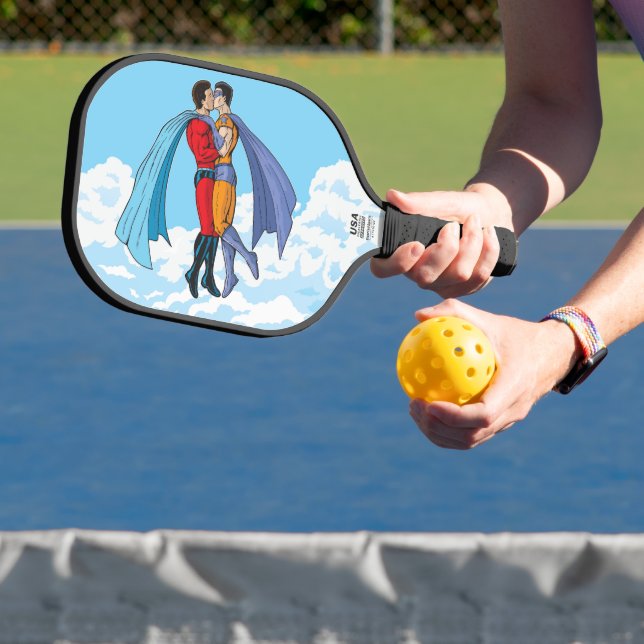 SlipperyJoe's kissing superheroes flying gay coupl Pickleball Paddle (Insitu)