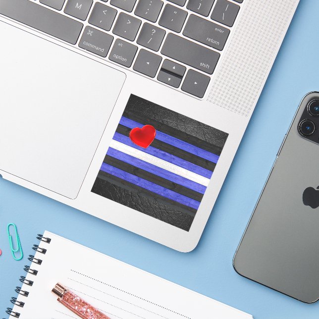 SlipperyJoe's leather pride flag black royal blue  (Laptop w/ iPhone)