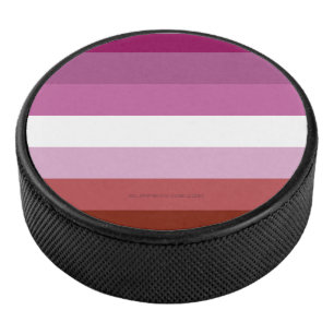 SlipperyJoe's Lesbian Pride flag feminine Lipstick Hockey Puck