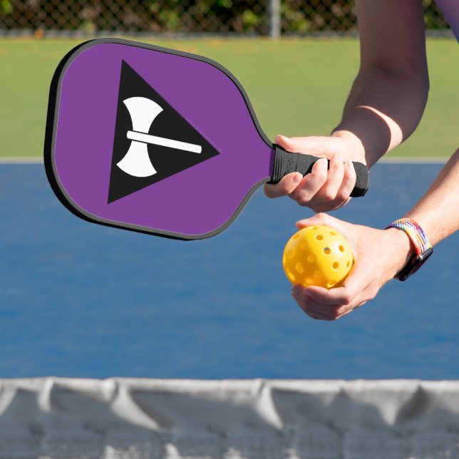 SlipperyJoe's Lesbian Pride flag Labrys axe triang Pickleball Paddle (Insitu)
